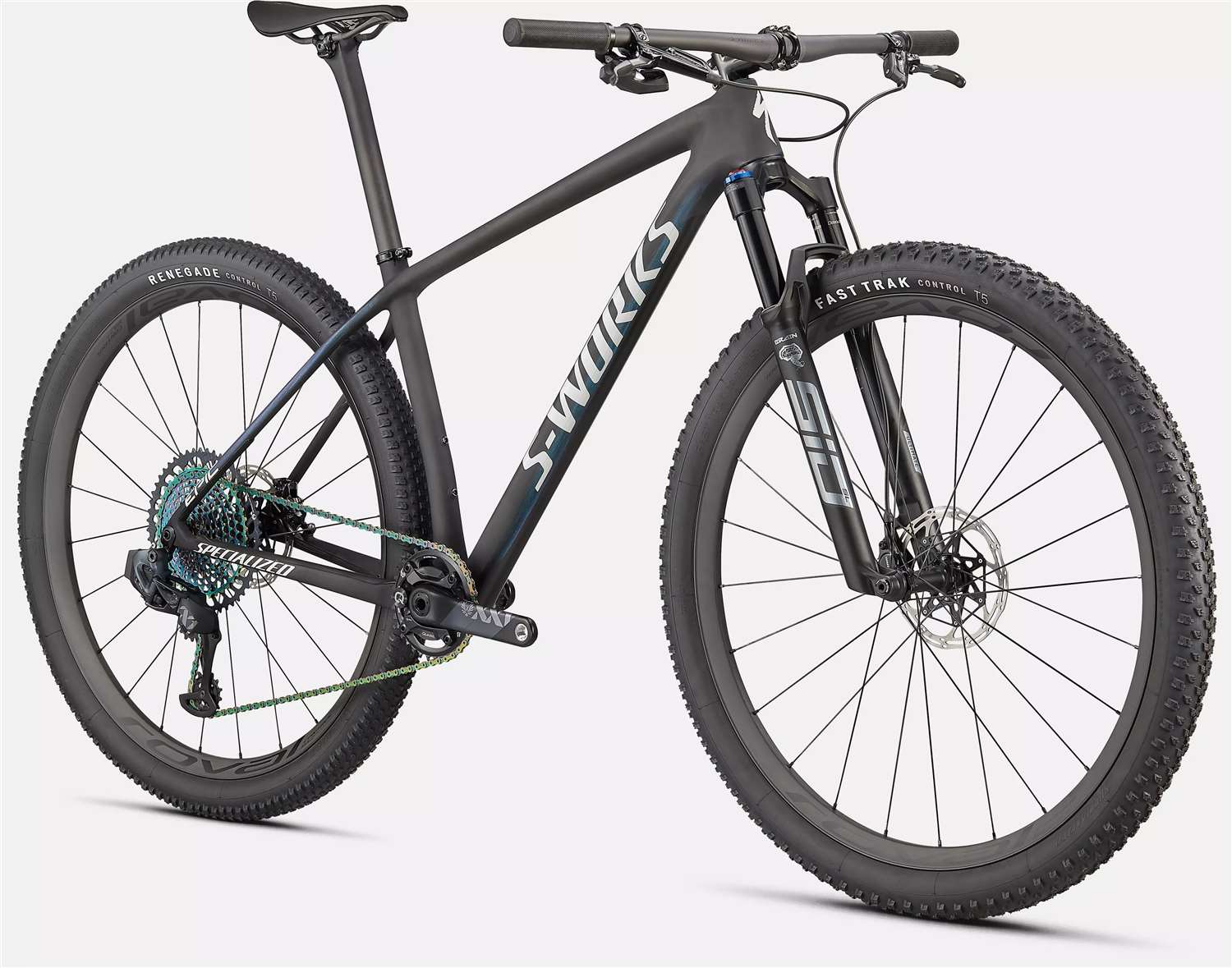 SPECIALIZED 2022 - EPIC S-WORKS HARDTAIL - SATIN CARBON / COLOR RUN BLUE MURANO PEARL / GLOSS CHROME FOIL LOGOS 
