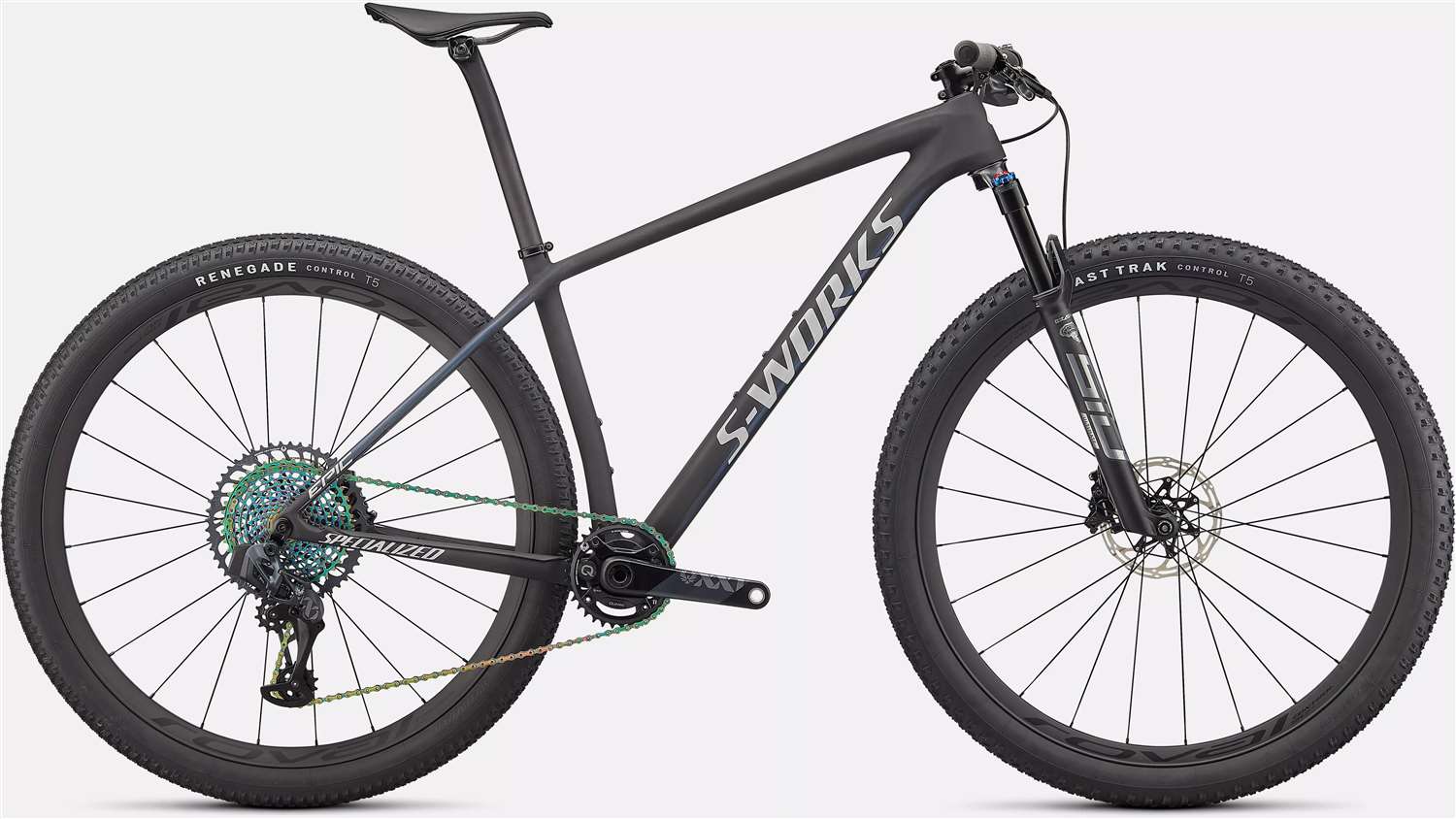 SPECIALIZED 2022 - EPIC S-WORKS HARDTAIL - SATIN CARBON / COLOR RUN BLUE MURANO PEARL / GLOSS CHROME FOIL LOGOS 