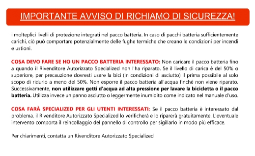 Richiamo Specialized per la riparazione di alcuni pacchi batteria Levo/Kenevo di prima generazione – ESTENSIONE AMBITO DI APPLICAZIONE AGOSTO 2022