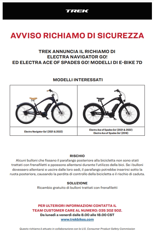 TREK ANNUNCIA IL RICHIAMO DI ELECTRA NAVIGATOR GO! ED ELECTRA ACE OF SPADES GO! MODELLI DI E-BIKE 7D
